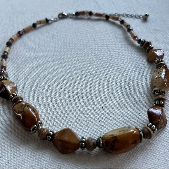 Natural Jasper Stone Beaded Necklace with Silver Accents - Picture 3 of 5